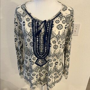 Lucky Brand Cream & Blue Long Sleeve Tie Front Blouse